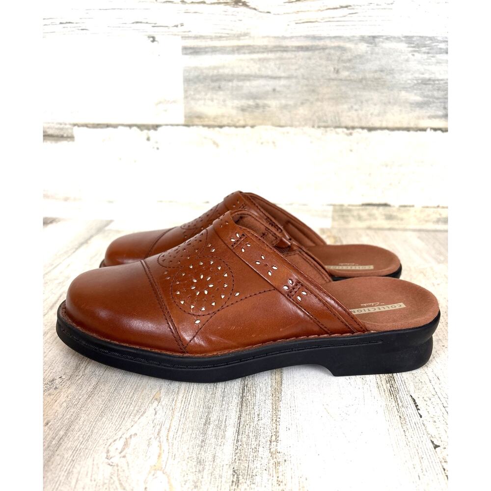 Clarks Collection Womens 6 Brown Patty Renata Leather Cutout Clog Slip On